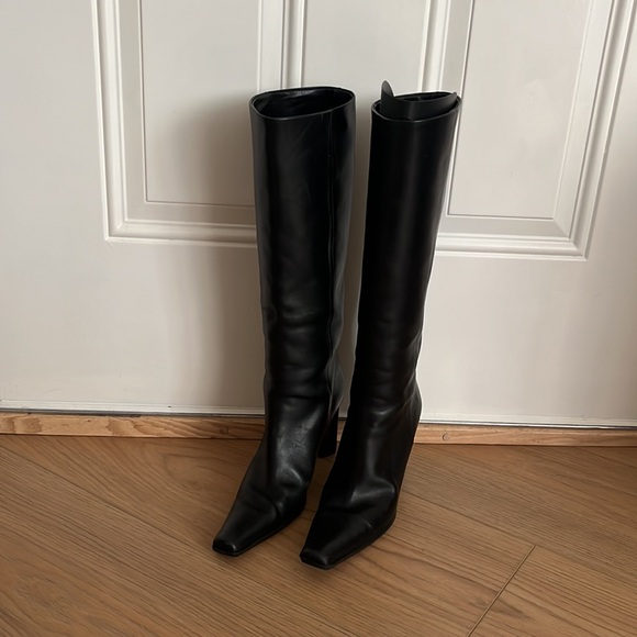 PRADA KNEE HIGH LEATHER BOOT 38 - y2k 90s square toe block heel - Picture 3 of 9